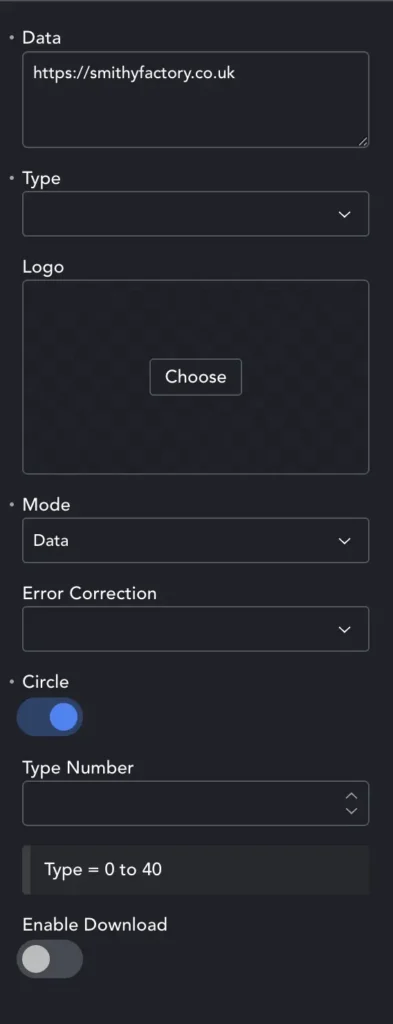 QR Code maker settings panel