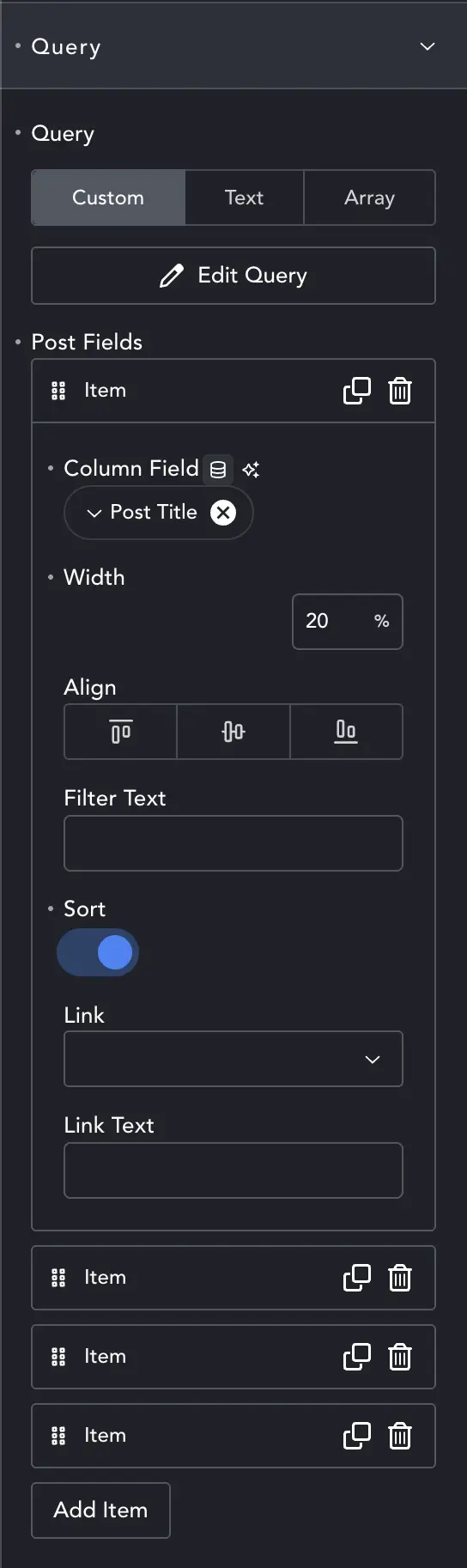 Filterable Table settings dialogue