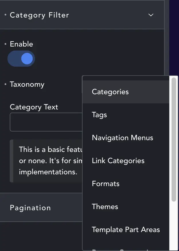 Filterable Table settings dialogue