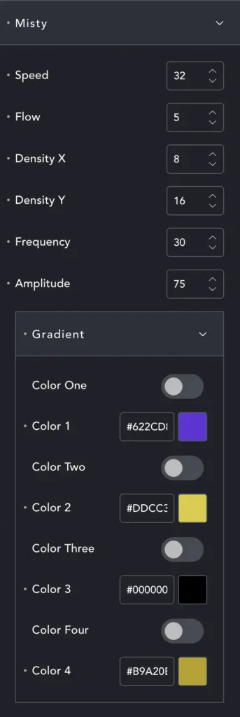 Play Misty WebGL gradient options