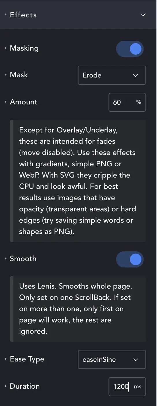 ScrollBack settings panel