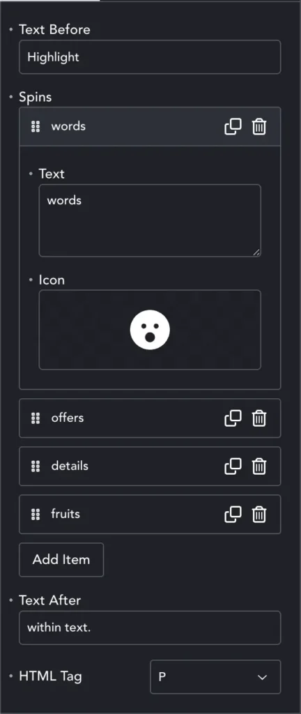 Text Spinner settings panel