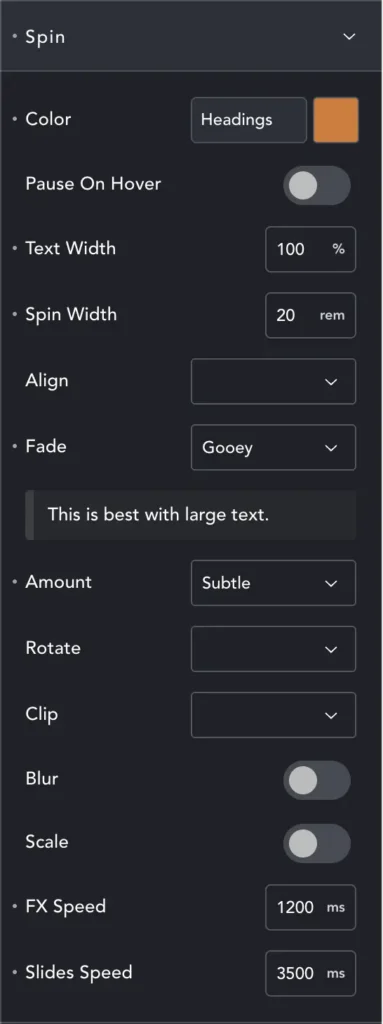 Text Spinner settings panel
