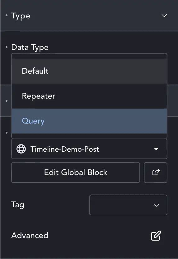 Horizontal Timeline settings panel