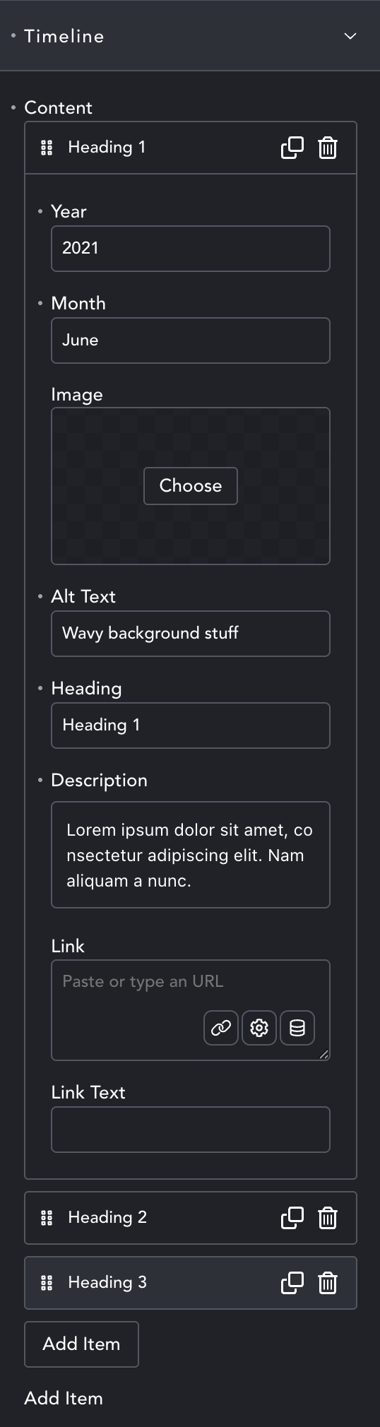 Horizontal Timeline settings panel