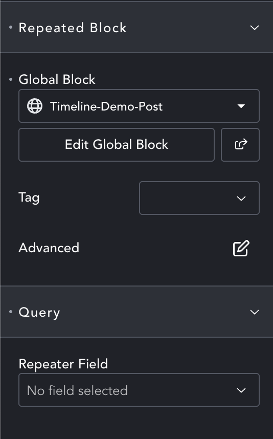 Horizontal Timeline settings panel