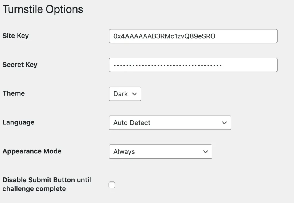 Turnstile Options page