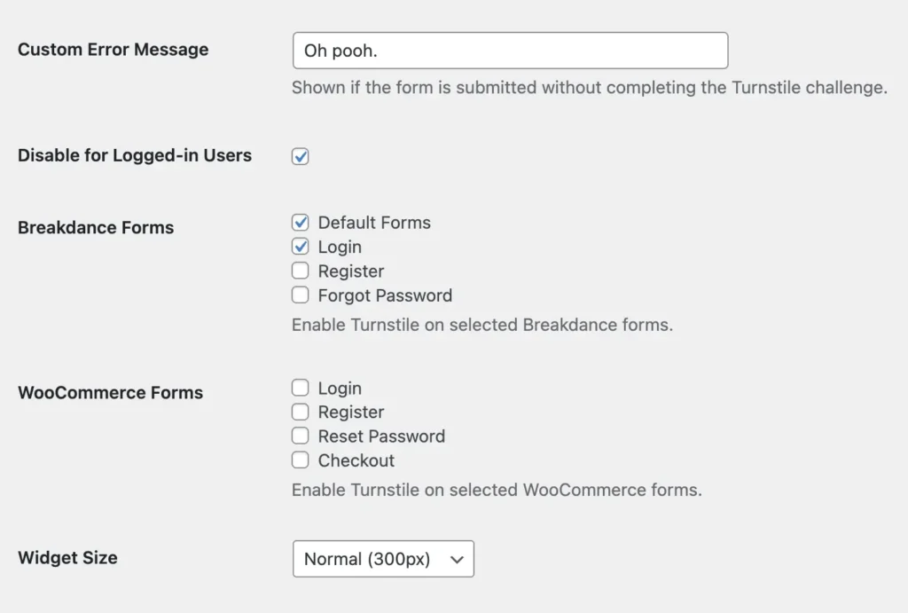 Turnstile Options page