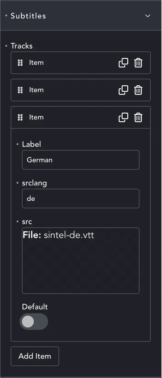 Video with subtitles element settings panel