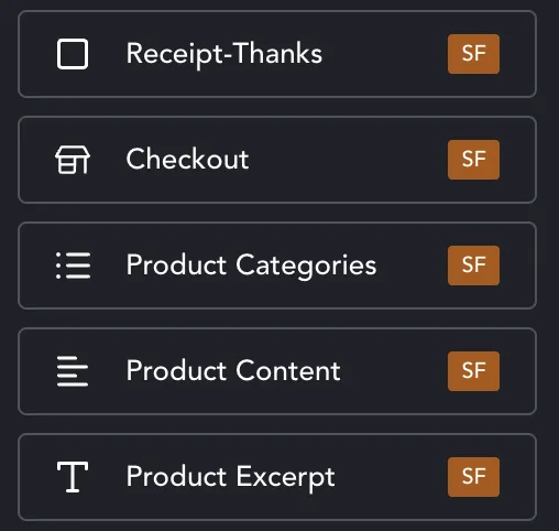 Receipt, checkout, categories, content and excerpt elements