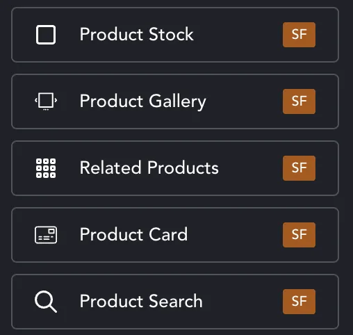Stock, gallery, related, product card and search elements