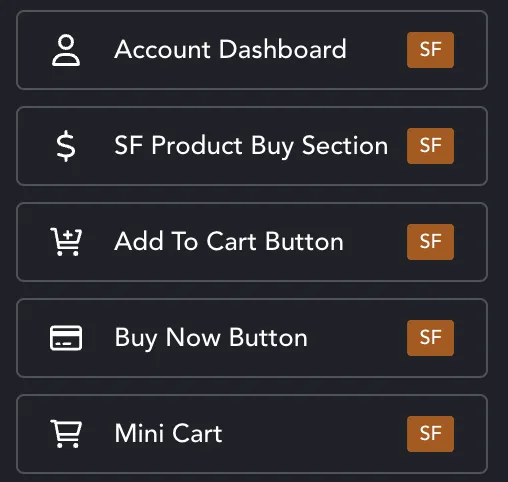 Account, buy section, cart, buy now and mini-cart elements