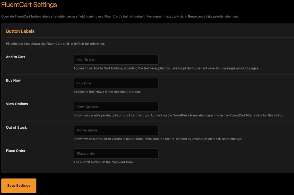 Fluent Button Label admin page