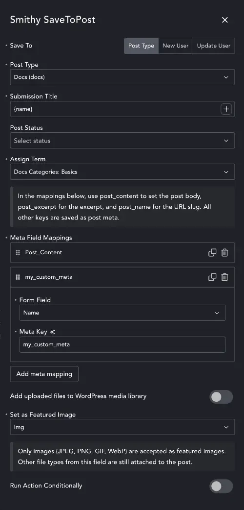 Settings dialogue for Form to CPT