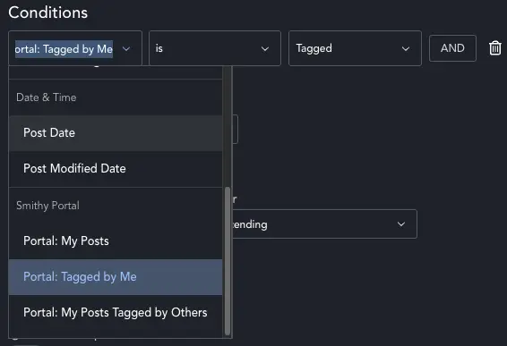 Smithy Portal query conditions dialogue