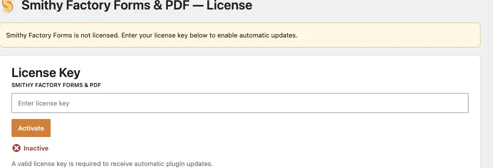 Smithy Factory Forms & PDF License screen with key entry field