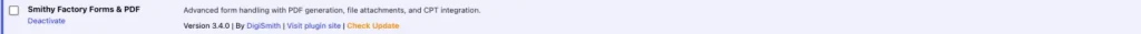 Smithy Factory Forms & PDF listed and active on the WordPress Plugins screen