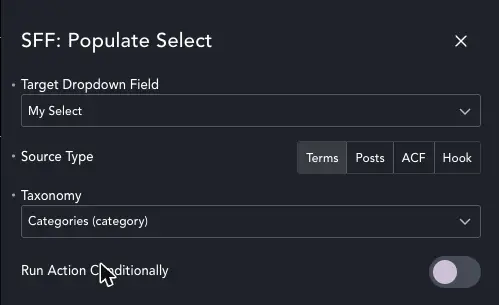 SFF: Populate Select action configured with Source Type Terms and Taxonomy set to Categories (category)